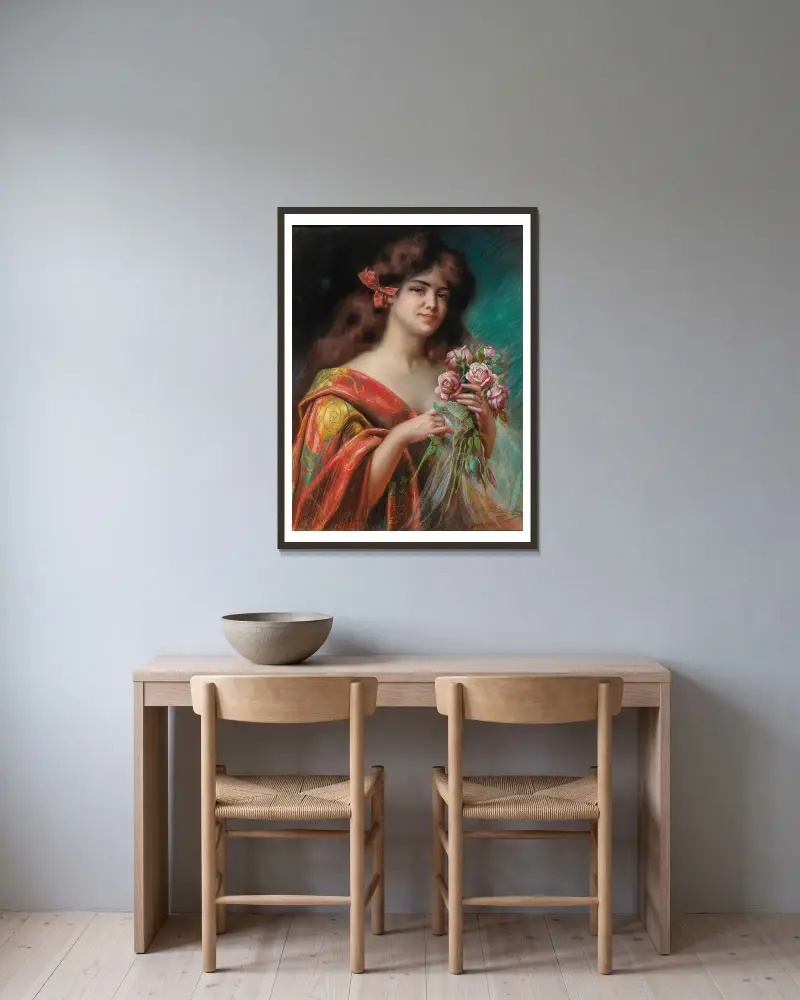 Porträtt av en dam i negligé med rosor av Delphin Enjolras inramad på en vägg