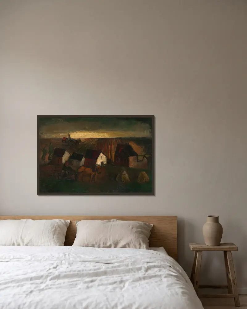 Landschap av Frits van den Berghe inramad på en vägg
