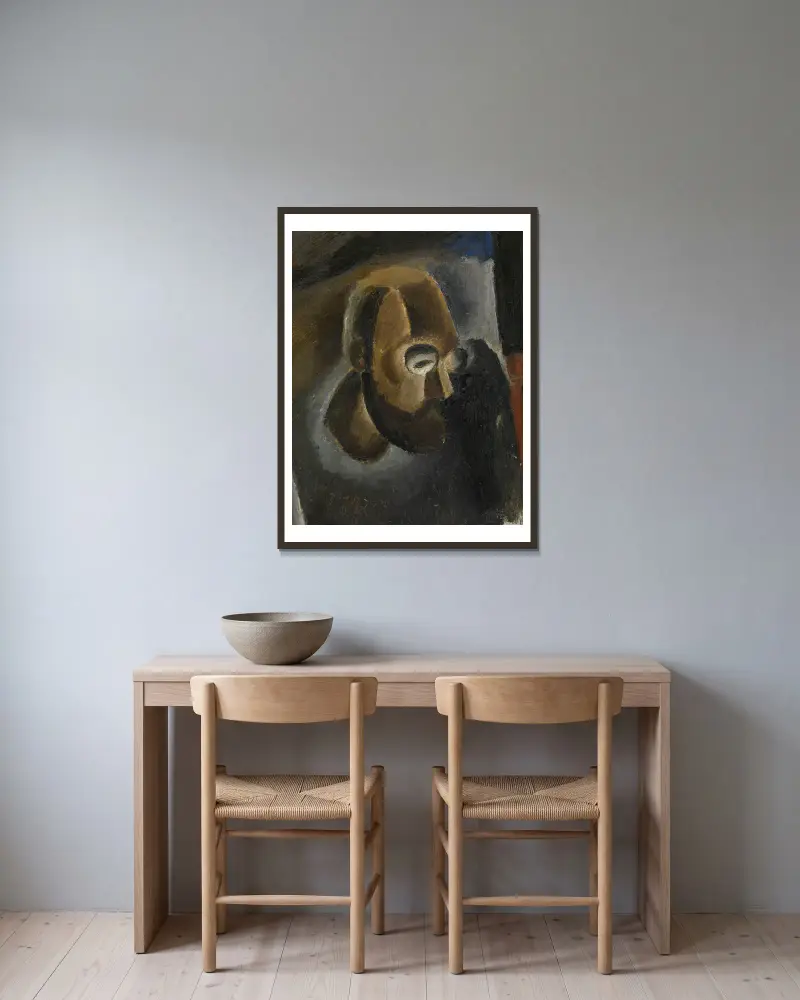 Selfportrait av Frits van den Berghe inramad på en vägg
