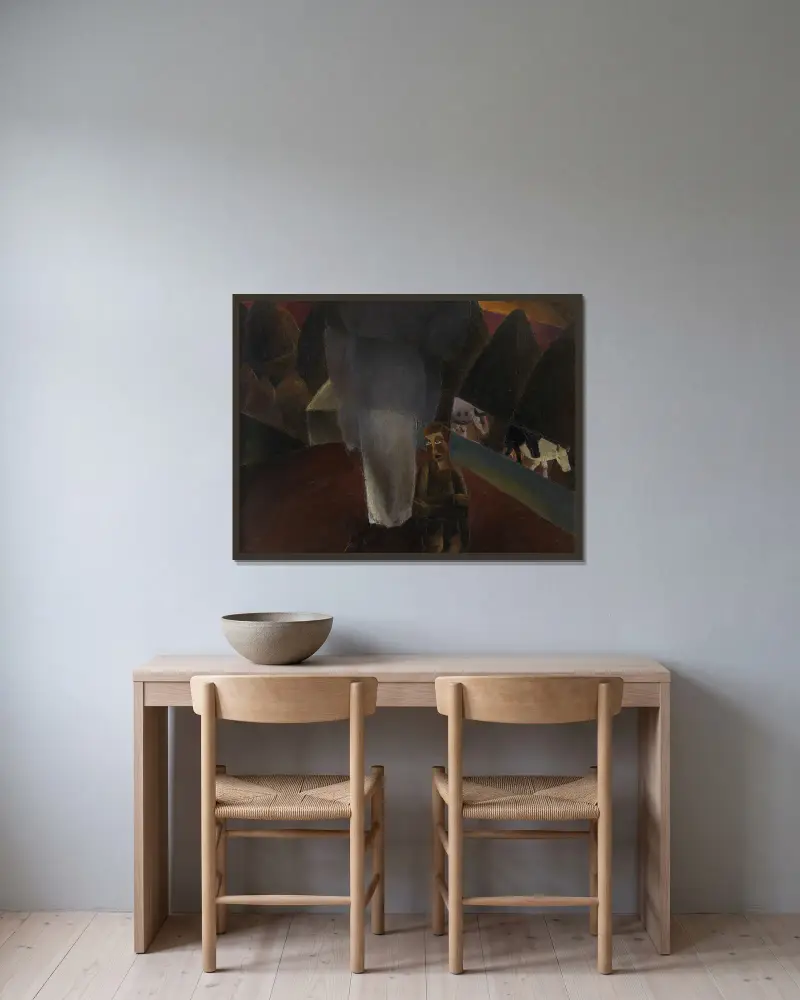 The Cowherd av Frits van den Berghe inramad på en vägg