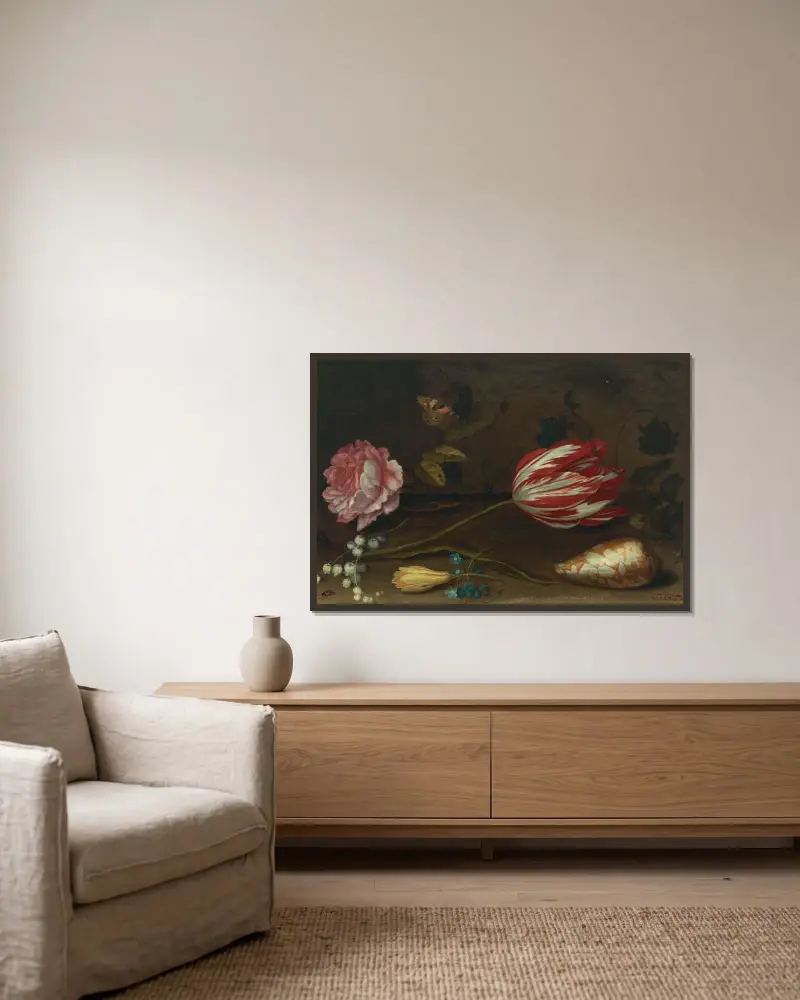 Růže, tulipán, hmyz a lastura na římse, Balthasar van der Ast v rámu na stěně