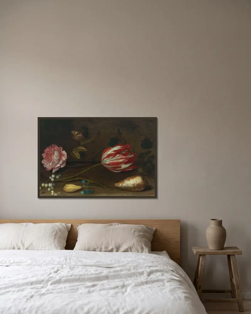 Růže, tulipán, hmyz a lastura na římse, Balthasar van der Ast v rámu na stěně