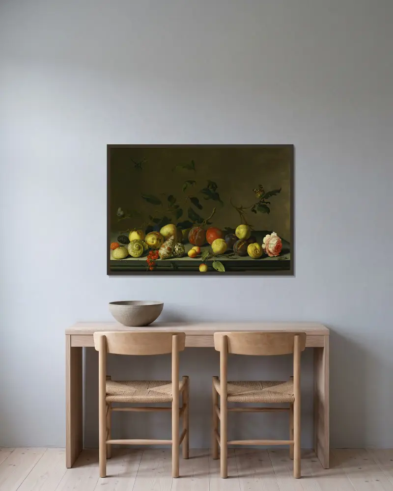 Stilleben med frukt och snäckor, en ros och olika insekter på en stenavsats av Balthasar van der Ast inramad på en vägg