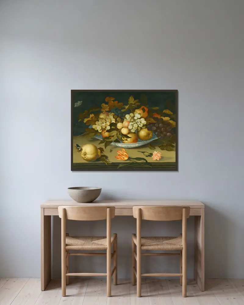 Stilleben med en delftskål med frukt på en avsats med blommor, insekter och en ödla av Balthasar van der Ast inramad på en vägg