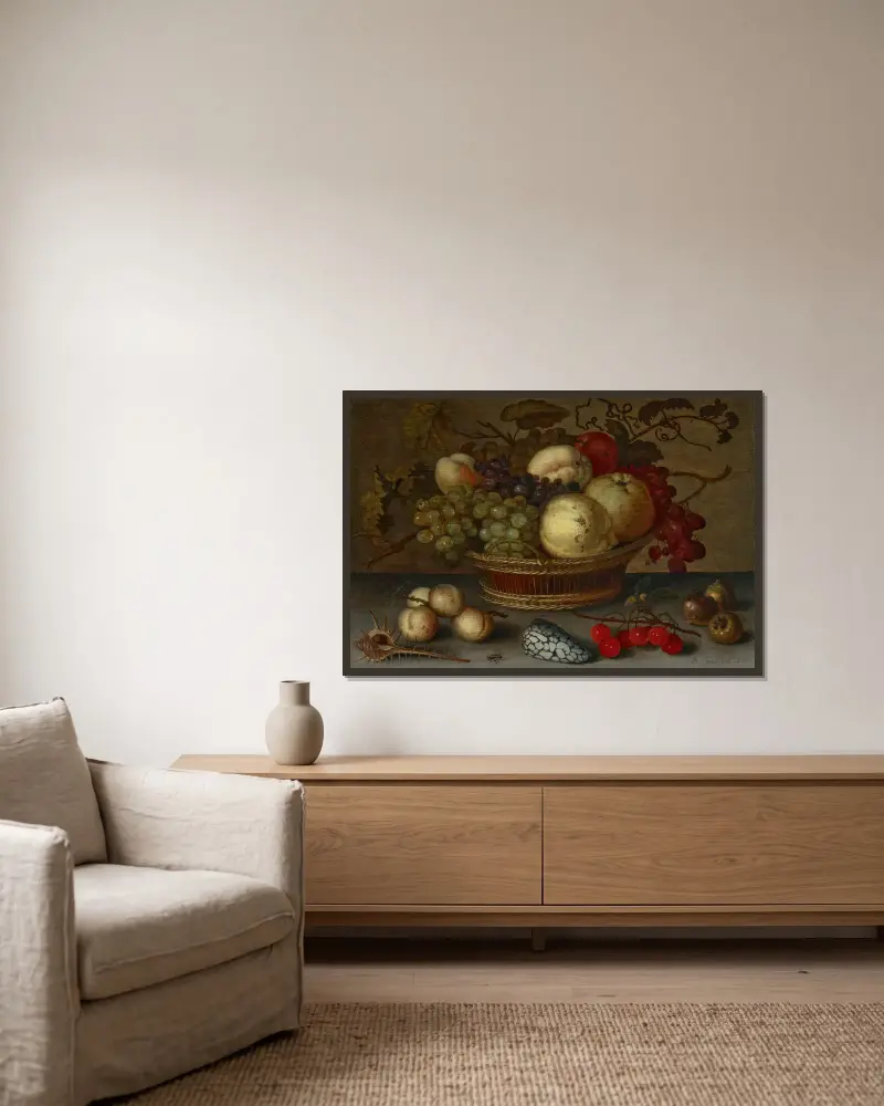 Äpfel und Trauben in einem Korb, mit Früchten und Muscheln auf einer Steinplatte von Balthasar van der Ast gerahmt an einer Wand