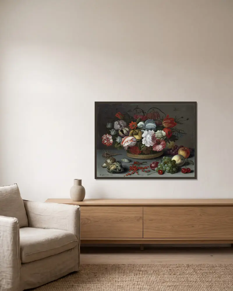 Blumenkorb von Balthasar van der Ast gerahmt an einer Wand