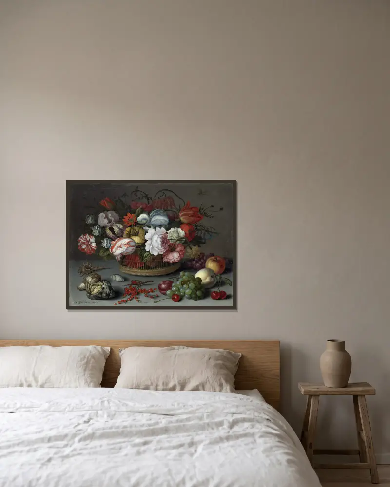 Blumenkorb von Balthasar van der Ast gerahmt an einer Wand
