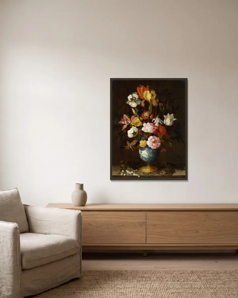 Flowers in a Wan-Li Vase av Balthasar van der Ast inramad på en vägg