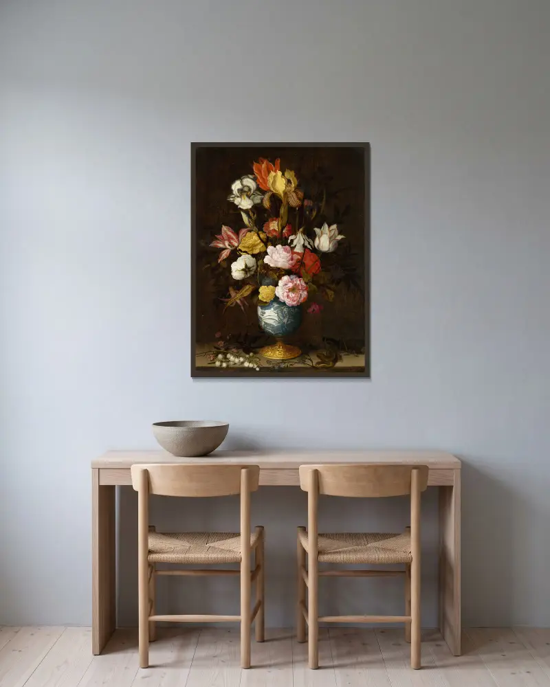 Flowers in a Wan-Li Vase av Balthasar van der Ast inramad på en vägg