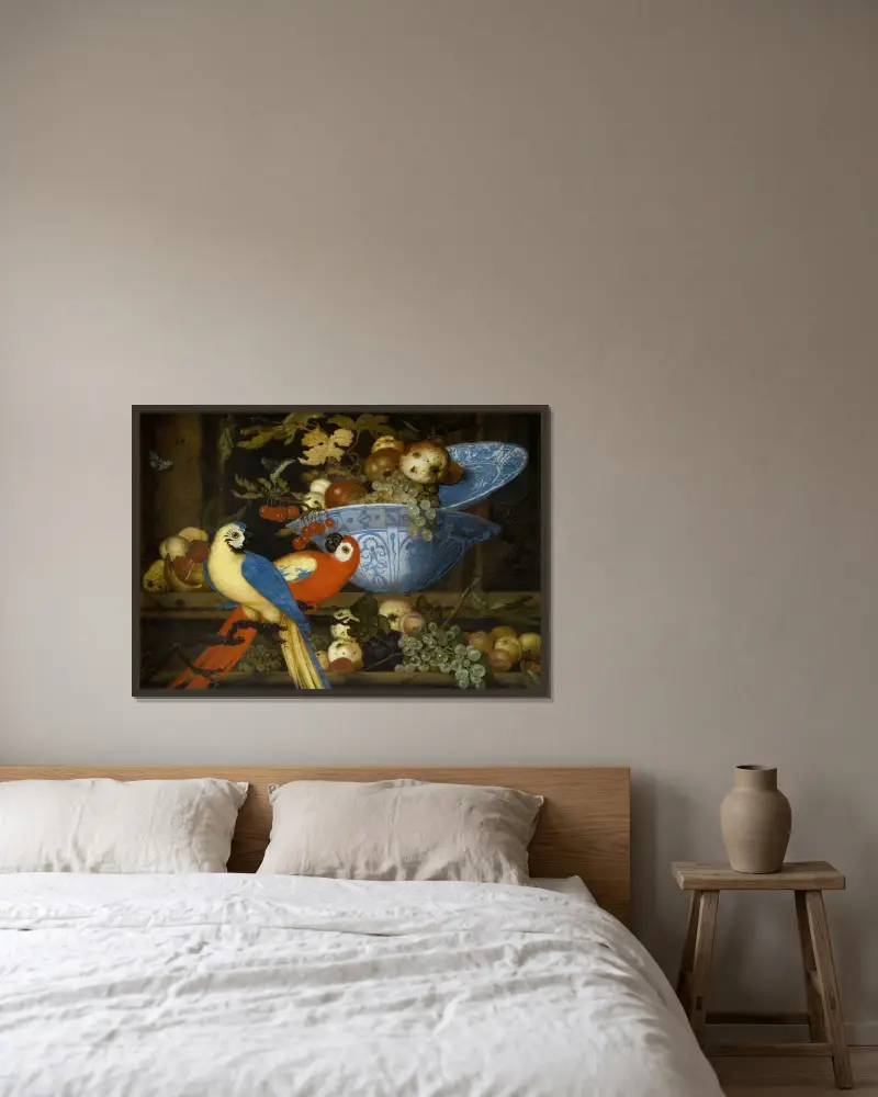 Martwa natura z owocami i dwiema papugami, Balthasar van der Ast w ramie na ścianie