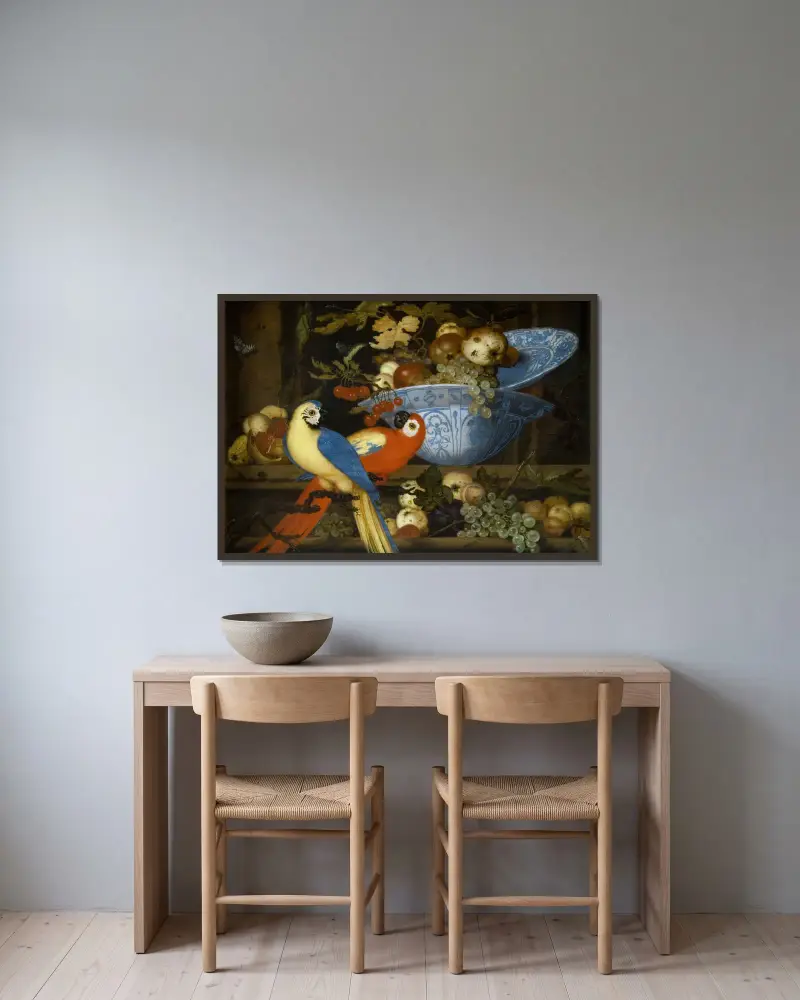 Martwa natura z owocami i dwiema papugami, Balthasar van der Ast w ramie na ścianie
