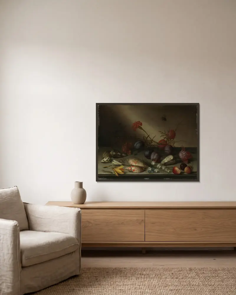 Stillleben mit Muscheln, Früchten und Blumen von Balthasar van der Ast gerahmt an einer Wand