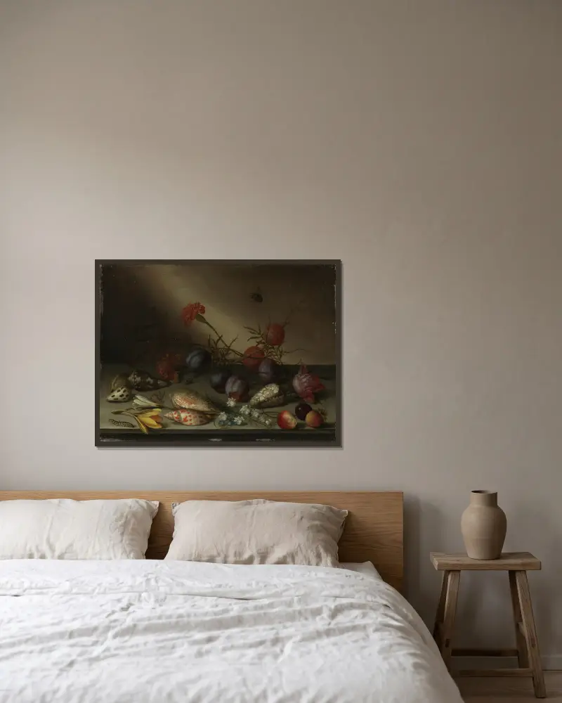 Stillleben mit Muscheln, Früchten und Blumen von Balthasar van der Ast gerahmt an einer Wand
