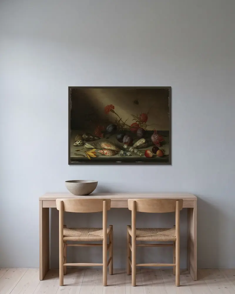 Stillleben mit Muscheln, Früchten und Blumen von Balthasar van der Ast gerahmt an einer Wand