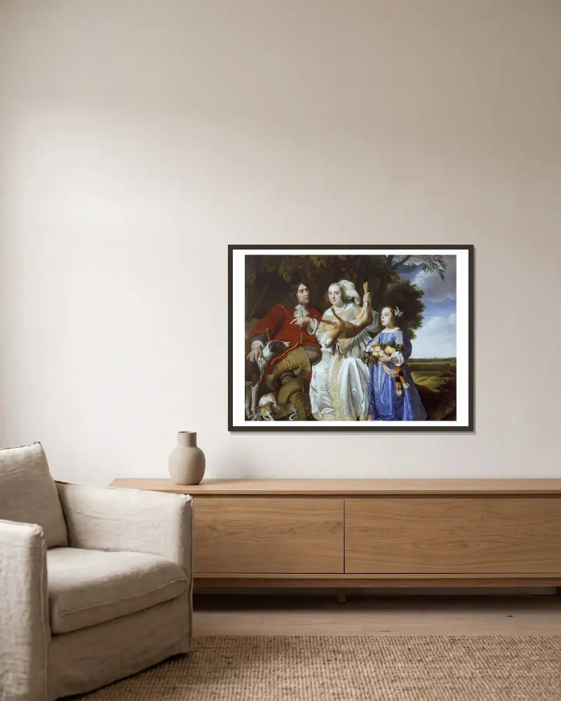 Jochem van Aras med hustru och dotter av Bartholomeus van der Helst inramad på en vägg