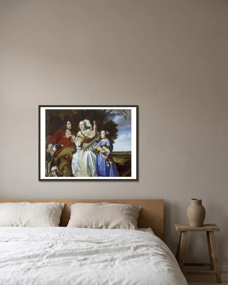 Jochem van Aras med hustru och dotter av Bartholomeus van der Helst inramad på en vägg