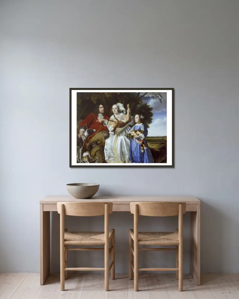Jochem van Aras med hustru och dotter av Bartholomeus van der Helst inramad på en vägg