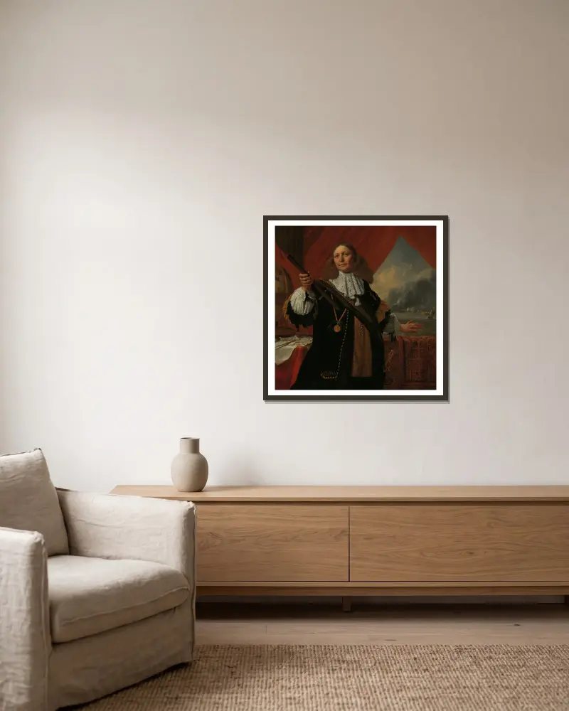 Johan de Liefde (ca. 1619-73), Vice-Admiral av Bartholomeus van der Helst inramad på en vägg