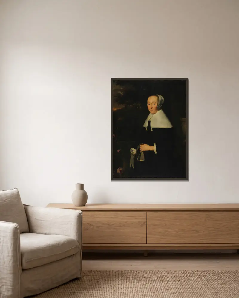 Porträtt av en kvinna, 1665 av Bartholomeus van der Helst inramad på en vägg