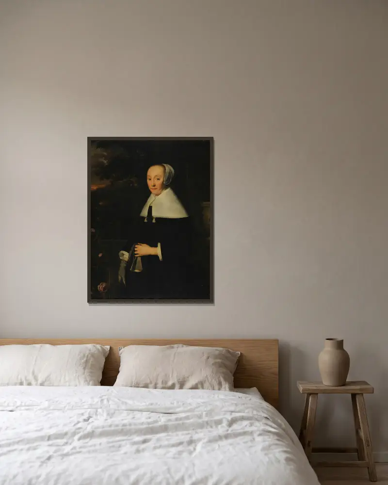 Porträtt av en kvinna, 1665 av Bartholomeus van der Helst inramad på en vägg