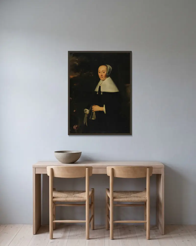 Porträtt av en kvinna, 1665 av Bartholomeus van der Helst inramad på en vägg