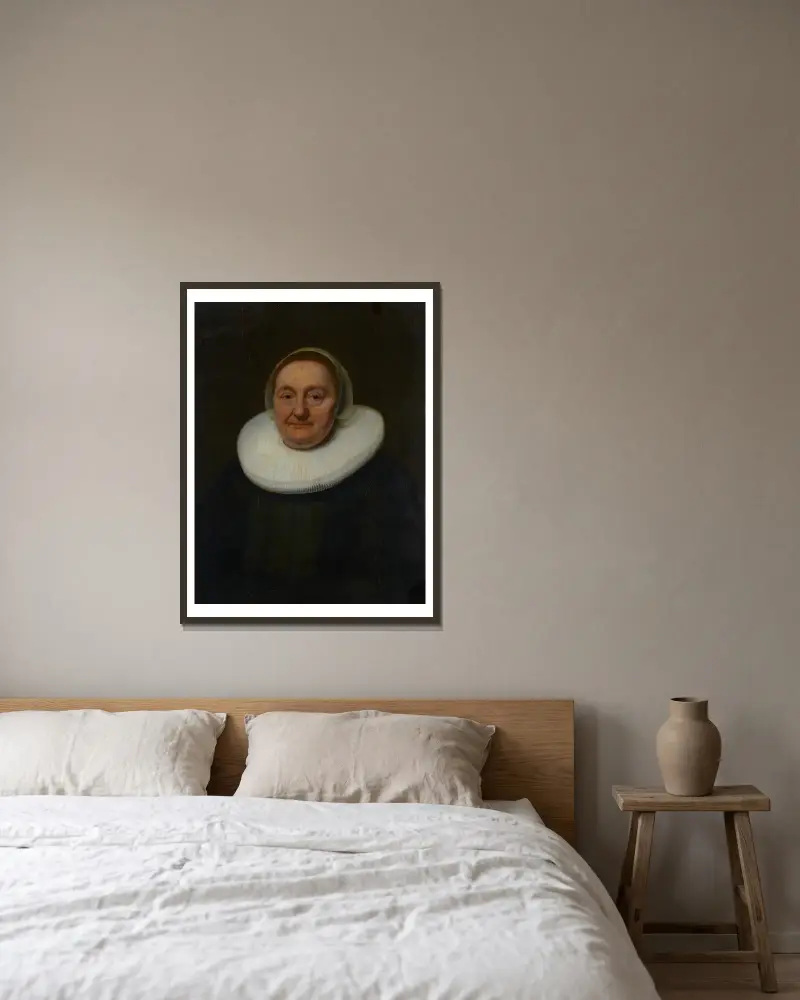 Porträtt av en kvinna – nr 1 av Bartholomeus van der Helst inramad på en vägg