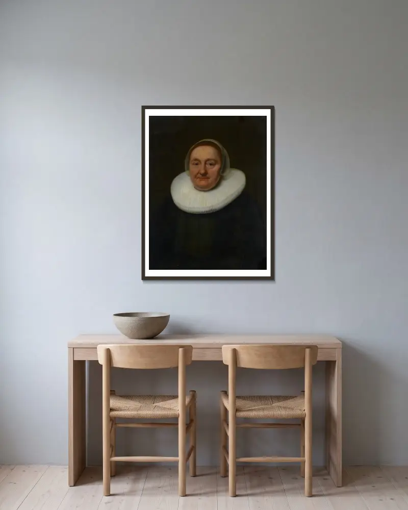 Porträtt av en kvinna – nr 1 av Bartholomeus van der Helst inramad på en vägg