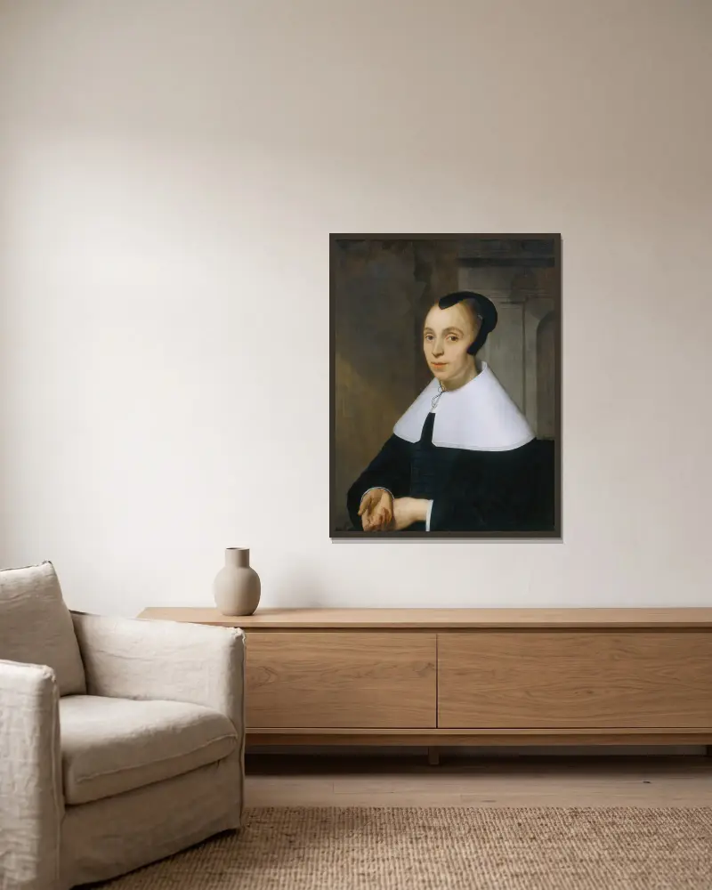 Porträtt av en kvinna, 1656 av Bartholomeus van der Helst inramad på en vägg