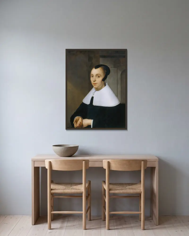 Porträtt av en kvinna, 1656 av Bartholomeus van der Helst inramad på en vägg