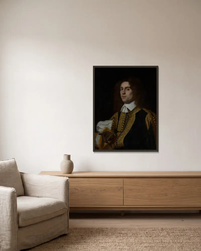 Porträtt av en ung man i militär dräkt av Bartholomeus van der Helst inramad på en vägg