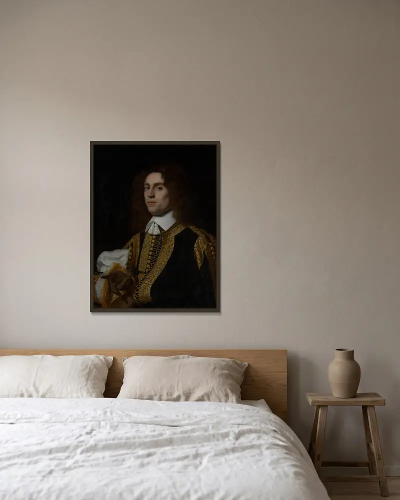 Porträtt av en ung man i militär dräkt av Bartholomeus van der Helst inramad på en vägg