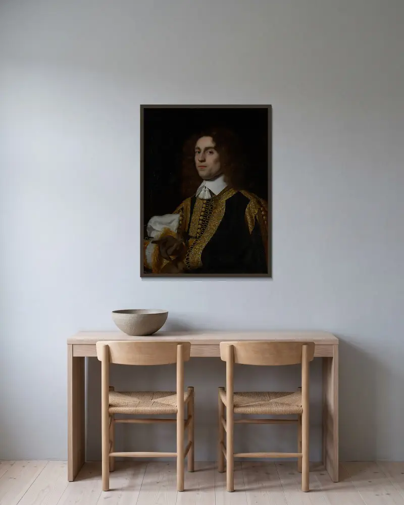 Porträtt av en ung man i militär dräkt av Bartholomeus van der Helst inramad på en vägg