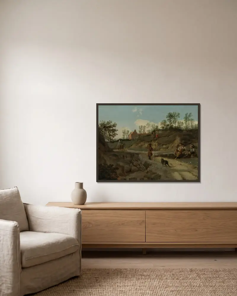 A rural landscape, with figures conversing av Jan van der Heyden inramad på en vägg