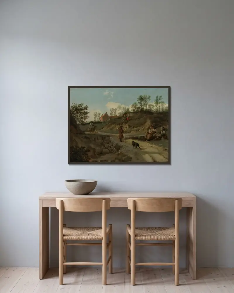 A rural landscape, with figures conversing av Jan van der Heyden inramad på en vägg