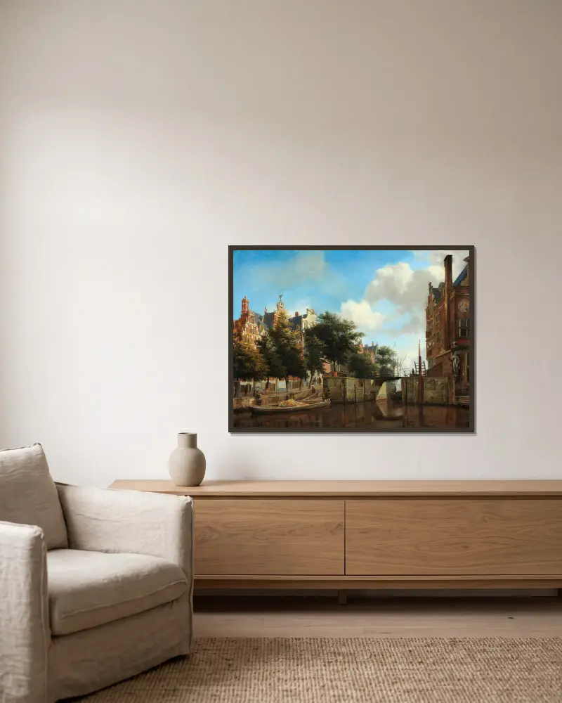 Stadtansicht von Amsterdam mit Häusern am Herengracht und der alten Haarlemmersluis von Jan van der Heyden gerahmt an einer Wand