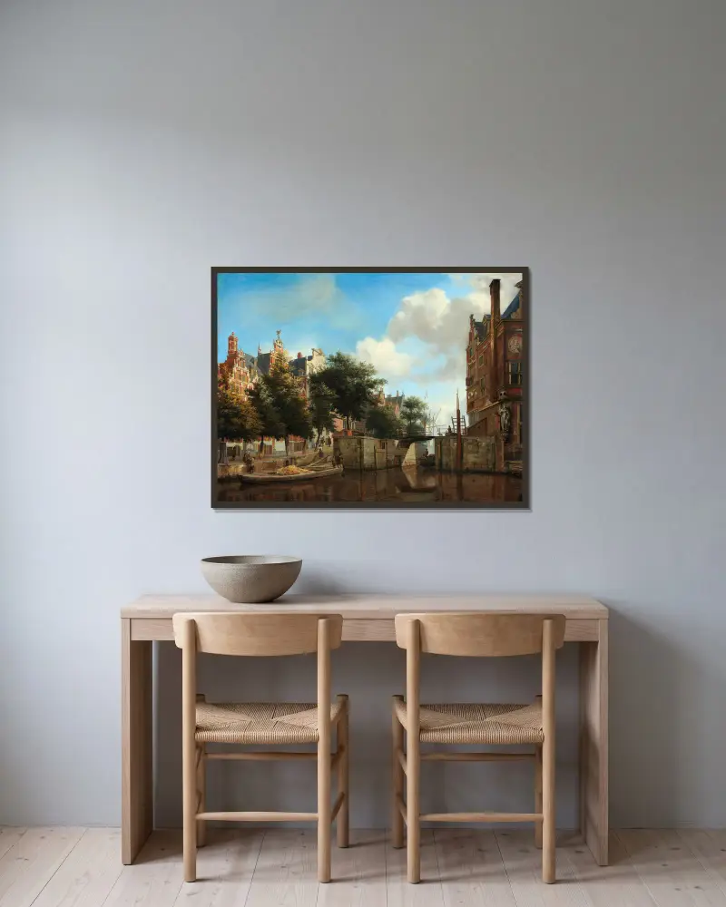 Stadtansicht von Amsterdam mit Häusern am Herengracht und der alten Haarlemmersluis von Jan van der Heyden gerahmt an einer Wand