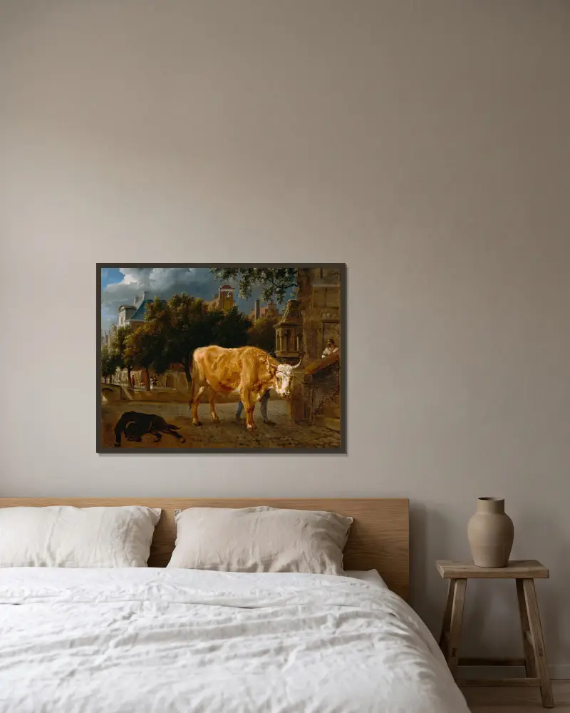 Stier in einer Stadtstraße von Jan van der Heyden gerahmt an einer Wand