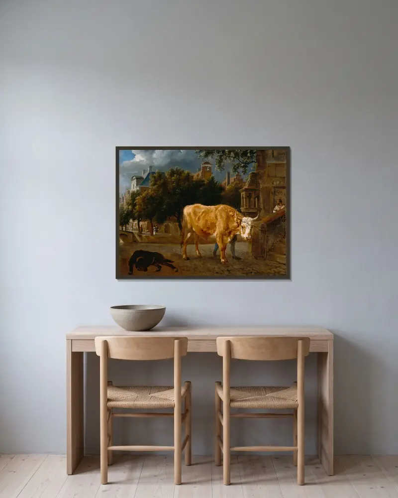 Stier in einer Stadtstraße von Jan van der Heyden gerahmt an einer Wand