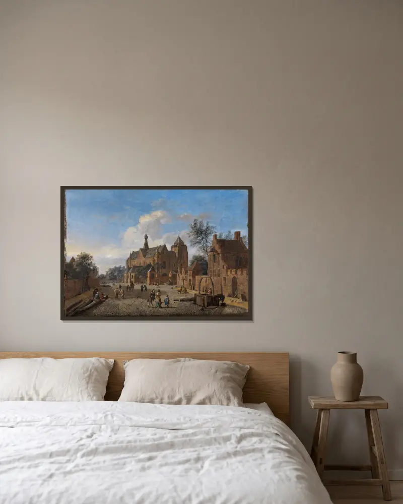 Kyrkplatsen i Veere i Zeeland av Jan van der Heyden inramad på en vägg