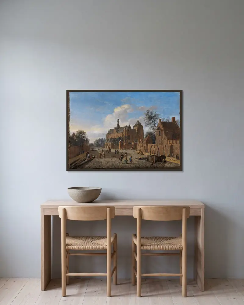 Kyrkplatsen i Veere i Zeeland av Jan van der Heyden inramad på en vägg
