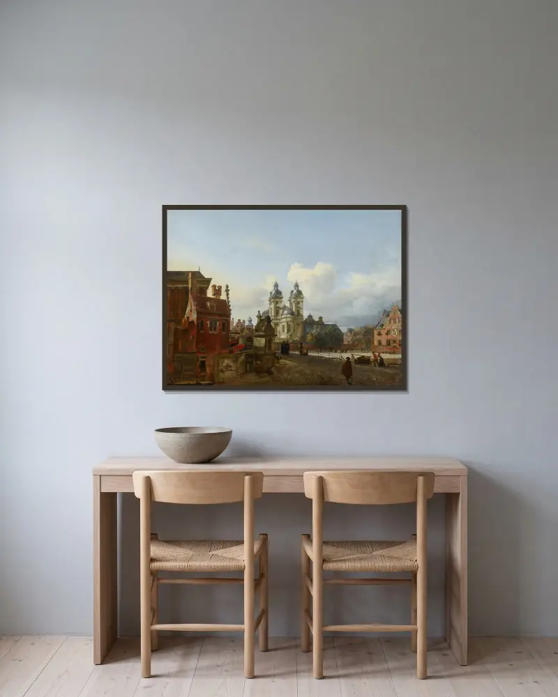 Sankt Andreas kyrka i Düsseldorf av Jan van der Heyden inramad på en vägg