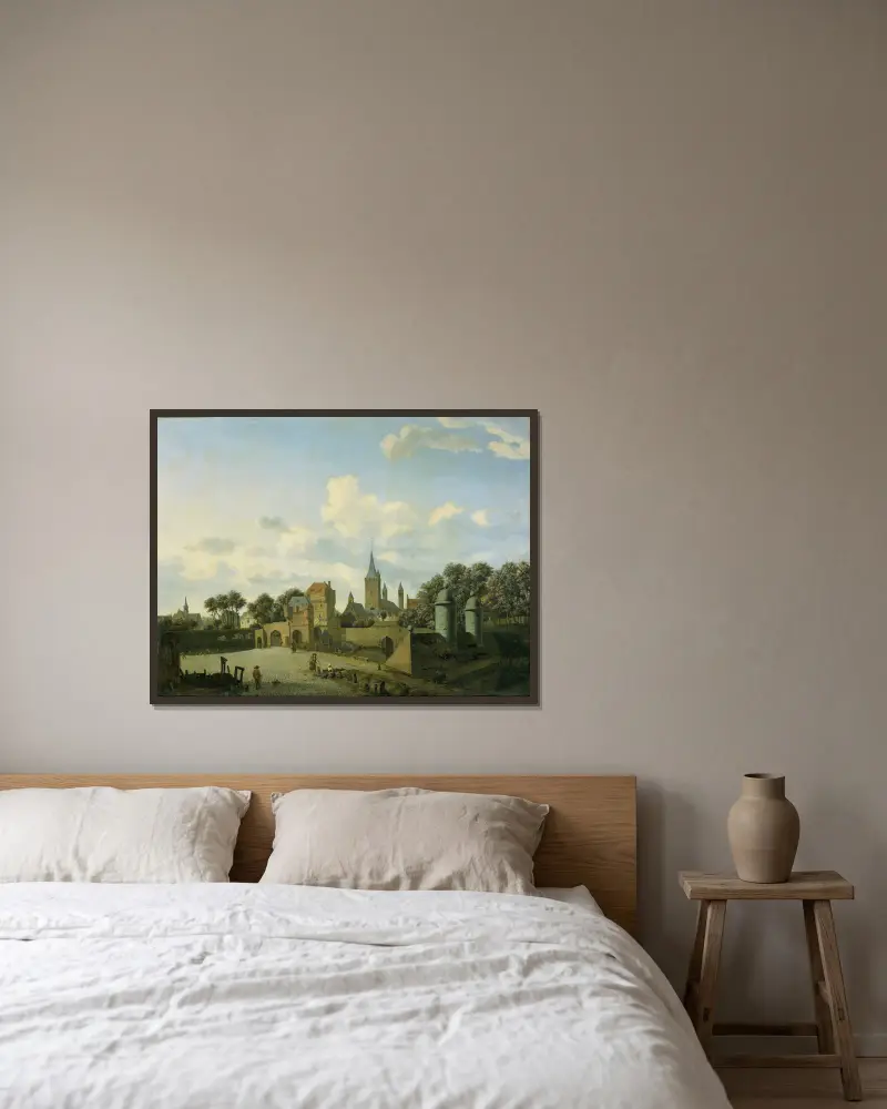 Sankt Severinkyrkan i Köln i en inbillad miljö av Jan van der Heyden inramad på en vägg