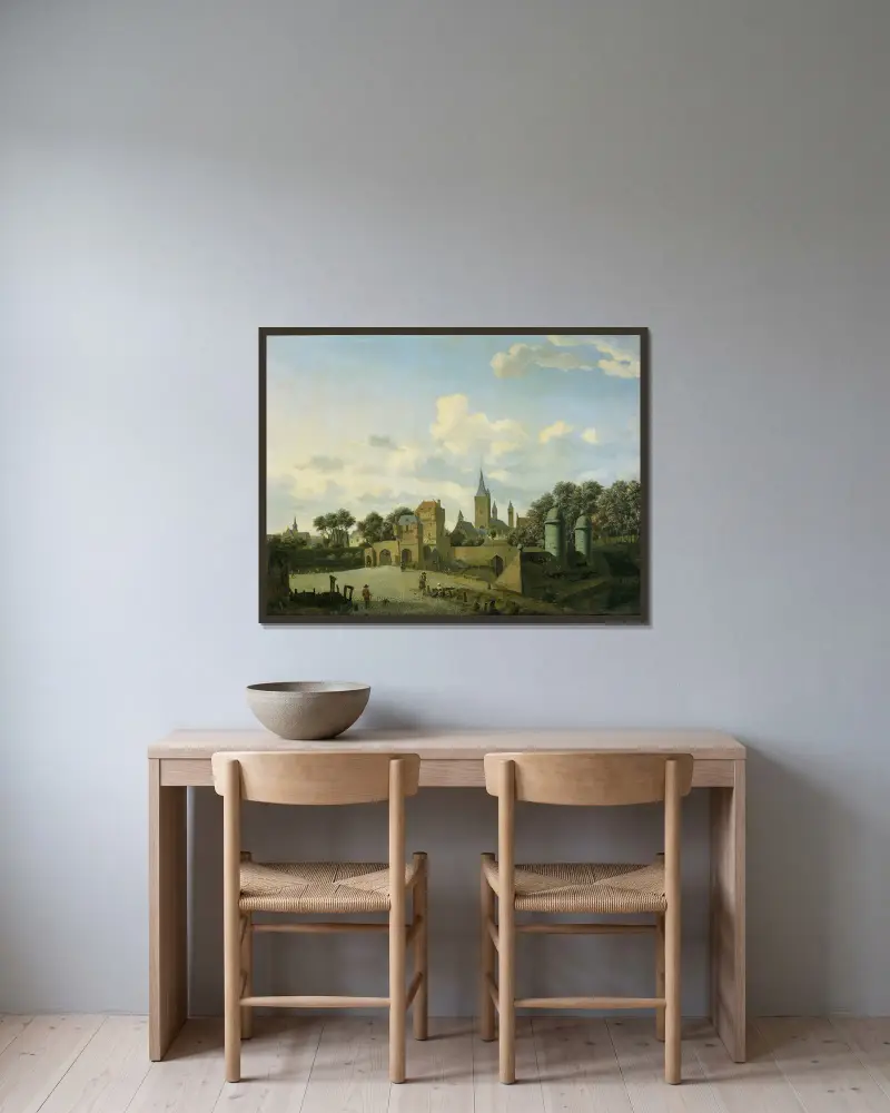 Sankt Severinkyrkan i Köln i en inbillad miljö av Jan van der Heyden inramad på en vägg