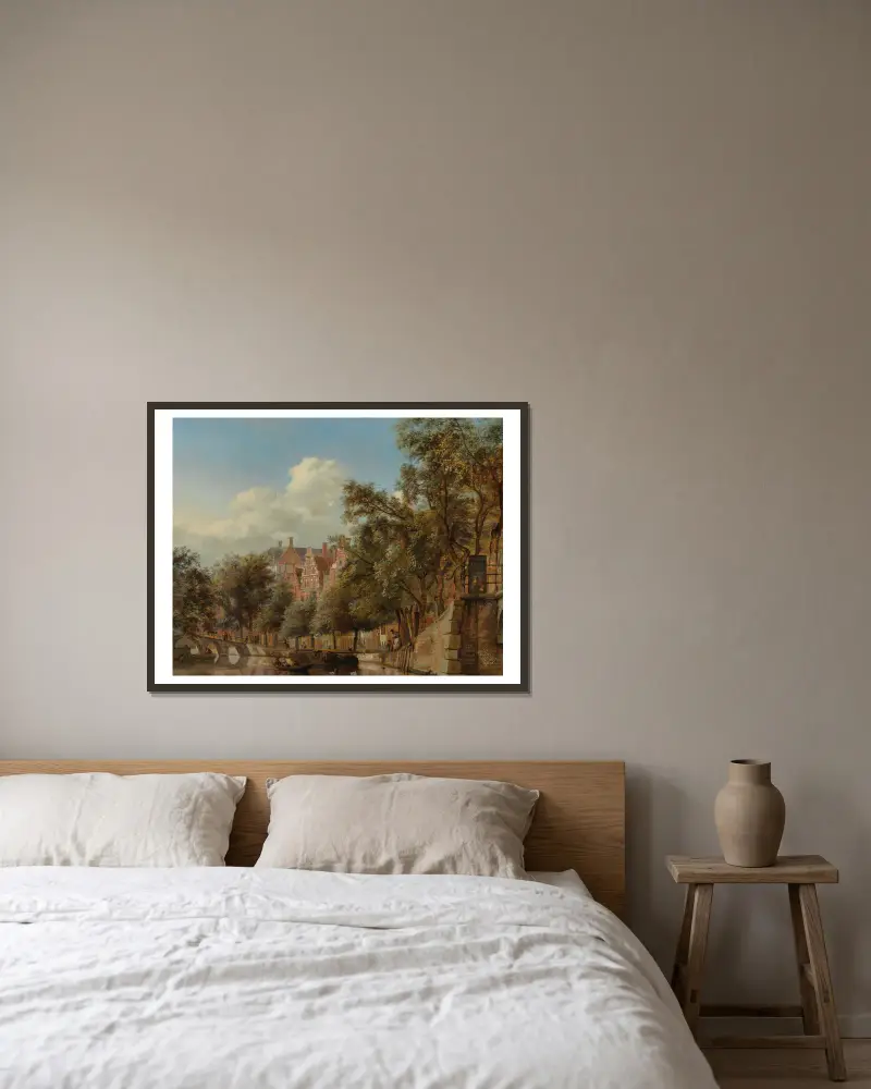 Herengracht i Amsterdam, sett från Leliegracht av Jan van der Heyden inramad på en vägg