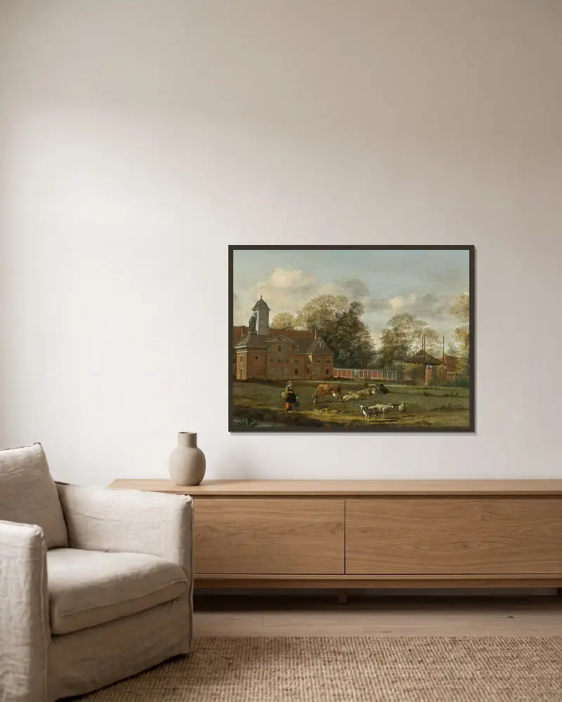 Blick auf Goudestein mit einer Frau und einem Kind, die an einem Deich entlanggehen von Jan van der Heyden gerahmt an einer Wand