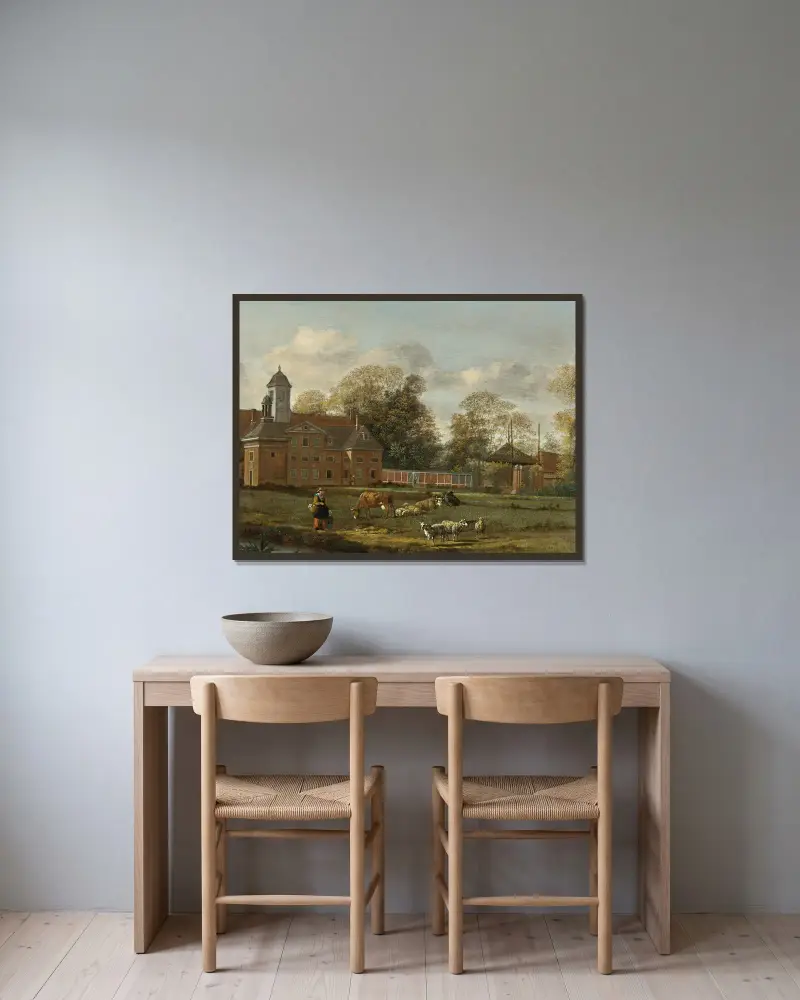 Blick auf Goudestein mit einer Frau und einem Kind, die an einem Deich entlanggehen von Jan van der Heyden gerahmt an einer Wand