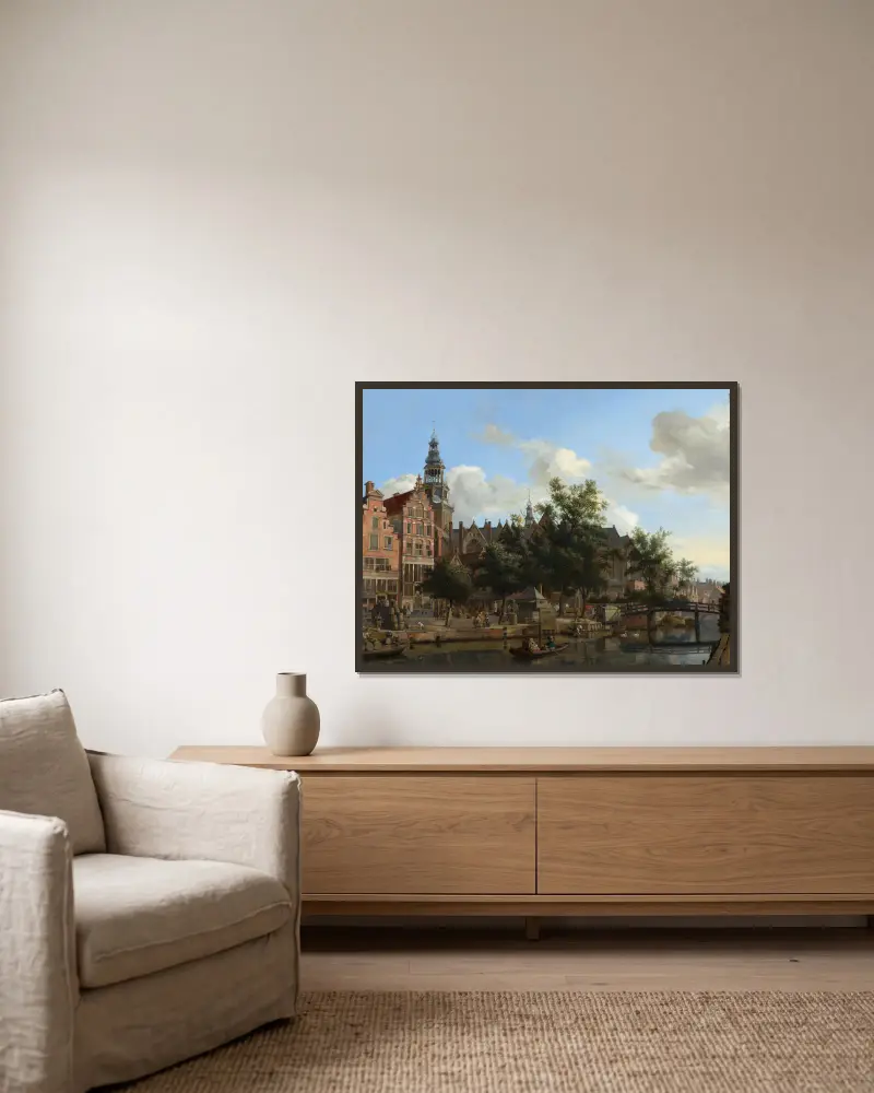 Vy över Oudezijds Voorburgwal med Oude Kerk i Amsterdam av Jan van der Heyden inramad på en vägg