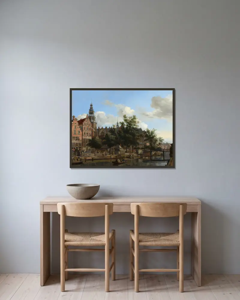 Vy över Oudezijds Voorburgwal med Oude Kerk i Amsterdam av Jan van der Heyden inramad på en vägg