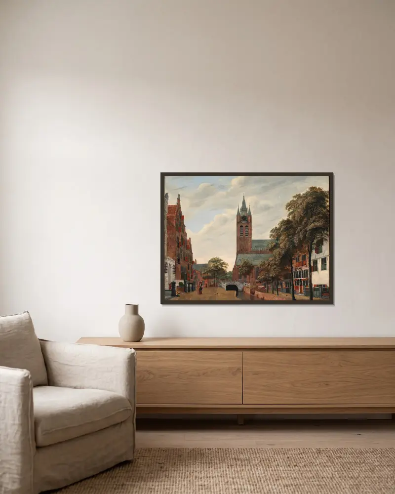 Vy över Oude Delft-kanalen, Delft av Jan van der Heyden inramad på en vägg