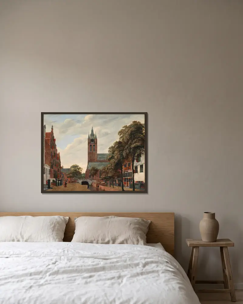 Vy över Oude Delft-kanalen, Delft av Jan van der Heyden inramad på en vägg